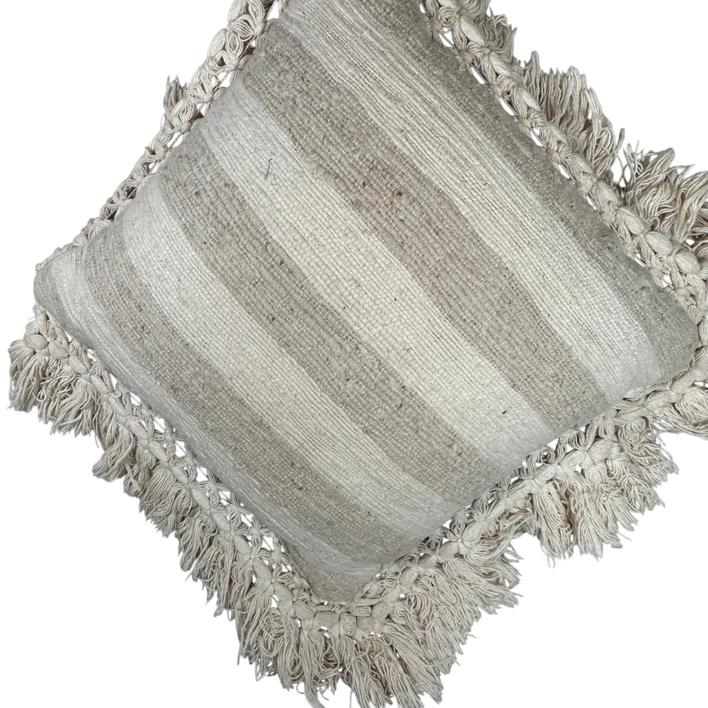 Boho Woven Striped Throw Pillow Macrame Fringe Tassel Neutral Cream‎ Decor 70s